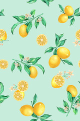 seamless hand painted botanical lemon branches with flowers pattern. Lemons, yellow fruit, citrus. Multicolor allover design. Summer mood.