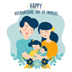 Hand drawn International Family Day / International day of Families with Flower Wreath Love Background - Father Mother Daughter Son Baby Vector Illustration 