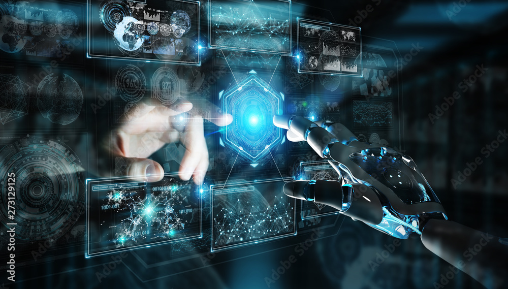 Fototapete robot hand and human hand touching digital graph interface 3d rendering