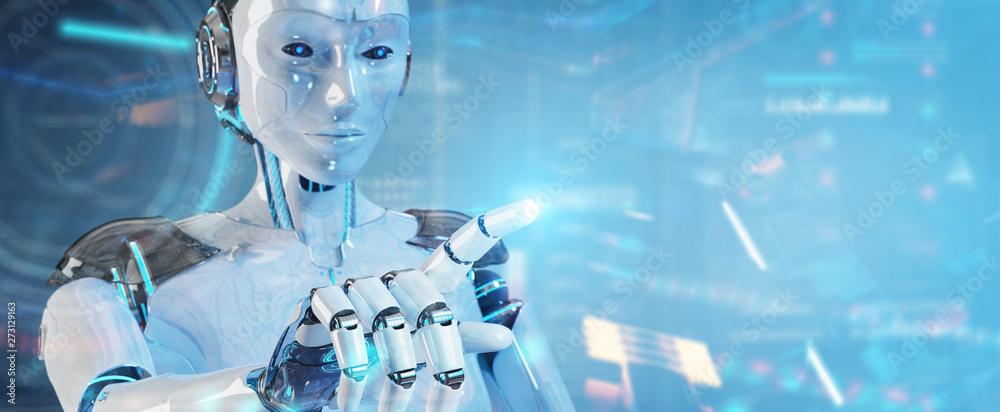 Poster white humanoid robot using digital technological interface with datas 3d rendering