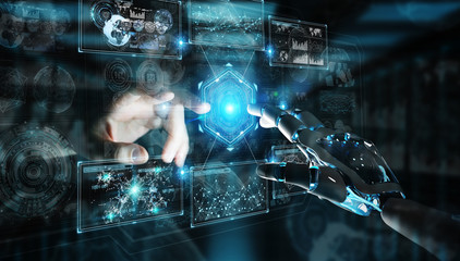 Fototapeta na wymiar Robot hand and human hand touching digital graph interface 3D rendering