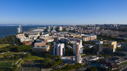 Aerial photo of Vasco da Gama Bridge, Lisbon, Portugal. Lisbon view