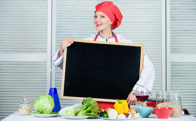 Staff wanted. Woman chef hat apron hold blackboard copy space. Chef job position. Cooking delicious meal step by step. Cooking menu for today. List ingredients cooking dish. Looking for colleagues