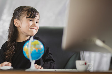 foreigner girl working in office with fun and happy ,simulated occupation concept.