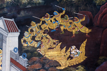 Ancient thai painting on wall in thailand buddha temple. © Napob