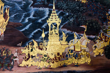 Ancient thai painting on wall in thailand buddha temple.