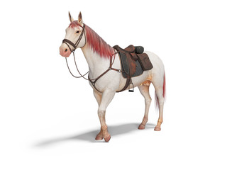 White horse with bridle with red mane and tail 3d render on white background with shadow