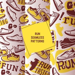 Run faster set of seamless patterns vector illustration. Sport shoes, sneakers for training, fitness. Running shoes, trainers. Healthy lifestyle. Race or marathon. Motivational concept