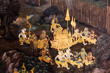 Ancient thai painting on wall in thailand buddha temple.