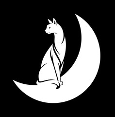 elegant cat sitting on crescent moon - black and white animal vector silhouette