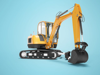 Orange mini crawler excavator on rubber tire with turned cabin to the left 3d render on blue background with shadow