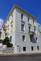 Fototapeta premium Photo of beautiful historic well preserved neoclassic building in the heart of Piraeus, Attica, Greece