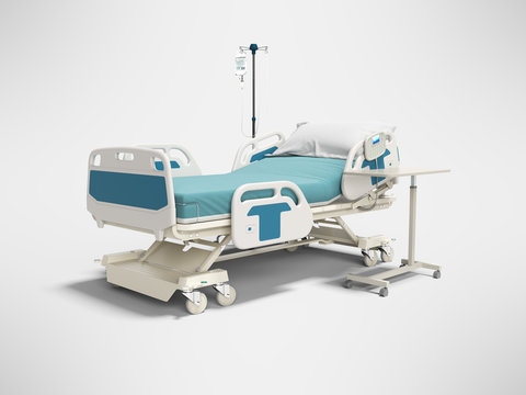 Concept hospital bed with electronic control from the console with dropper and table 3d render on gray background with shadow