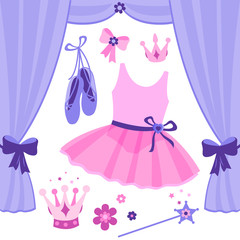 Cute ballerina dancer girl dress and ballet shoes. Vector illustration set