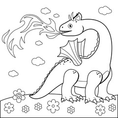 Fire breathing dragon. Vector black and white coloring page.