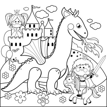 A handsome prince fighting a fire breathing dragon and saving the beautiful princess at the tower. Vector black and white coloring page