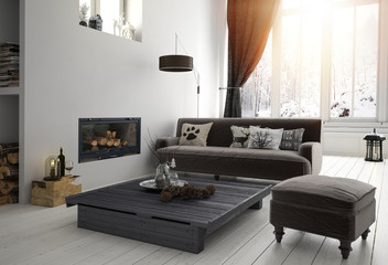 Gemütliche Sitzecke mit Sofa und Kamin im Winter