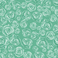 Seamless pattern of different roses , randomly arranged on a green background.