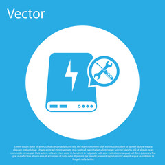Blue Power bank with screwdriver and wrench icon isolated on blue background. Adjusting, service, setting, maintenance, repair, fixing. White circle button. Vector Illustration