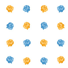 Seamless pattern of blue and yellow roses on a white background.