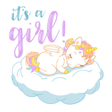 Magic cute unicorn in cartoon style with calligraphic insignia it's a girl. Doodle unicorn sleeping on a cloud. Vector illustration for cards, posters, kids t-shirt prints, textile design. © mariaaverburg