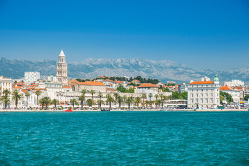Split, Croatia, view on waterfront and marina, cathedral and Diocletian's palace in background