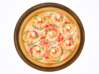 Italian food style, Top view of pizza topping with shrimp and mixed vegetables on wooden cutting board isolated on white background, Hand drawn of collection food concept, Great for menu