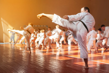 Kids training on karate-do. Banner with space for text. For web pages or advertising printing. photo without faces