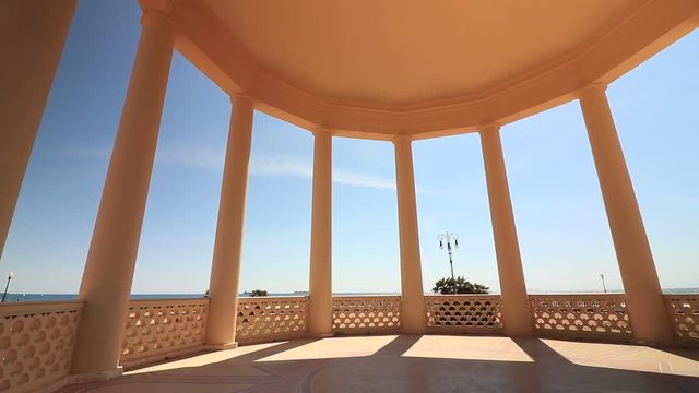 Circular gazebo temple of music near the Mascagni terrace. Interior view with columns framing the sea and the sky.