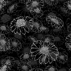 Vector chrysanthemum. Seamless pattern of golden-daisy flowers.  Monochrome template for floral decoration, fabric design, packaging or clothing. Black background