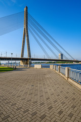 details of cable bridge in Riga latvia in summer by the river of Daugava