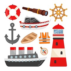 Vector set of icons on the marine theme. Myaltyashnye illustrations of ships, lighthouse, steering wheel, telescope and other symbols of navigation.