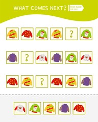 What comes next educational children game. Kids activity sheet,  Cartoon sweaters.