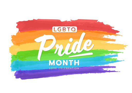 LGBTQ Pride Month Banner Text On Colorful Rainbow Flag Paint Brush Style Vector Design