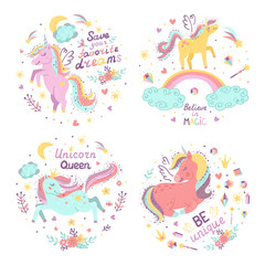 Set of fantasy postets with cute unicorns.