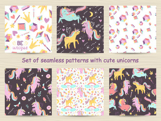 Fototapeta premium Set of seamless patterns with cute unicorns