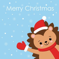 Merry Christmas gift card with cute hedgehog wearing with red scarf and Santa hat. Vector illustration.