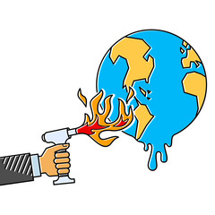 Man-made climate crisis metaphor, hand with torch lighter melting earth globe
