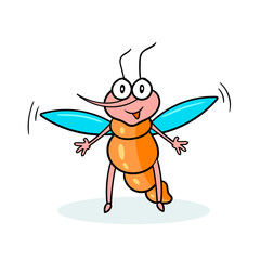 Cartoon character of a mosquito with a black outline smiles and wants to hug