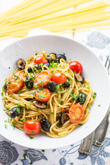 Italian spaghetti puttanesca pasta