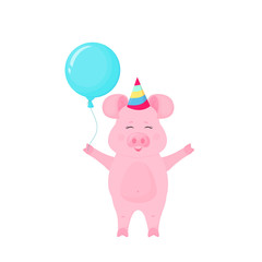 Obraz na płótnie Canvas Funny pig in with striped hat and with Balloon at a party. Greeting card design.
