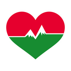 Red heart with mountain like a pulse. Love mountains logo or icon. Vector illustration isolated on white background.