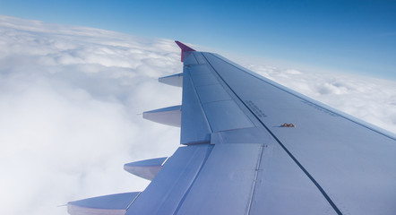 An airplane window view of wing and flaps 