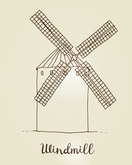 Windmill vector drawing, hand drawn sketch of mill isolated on beige background © Fandorina Liza