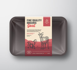 Fine Quality Organic Goat. Abstract Vector Meat Plastic Tray Container with Cellophane Cover. Vertical Packaging Design Label. Hand Drawn Goatling Silhouettes Landscape Background Layout.
