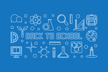 Fototapeta na wymiar Back to School vector concept outline horizontal illustration or banner on blue background