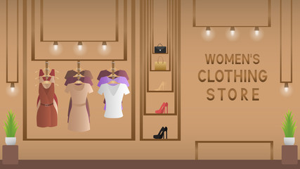 Vector clothing shop. Wardrobe and mannequin with woman clothes. Women's clothing store. Women's stuff on hangers. Vector illustration
