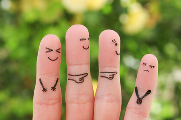 Fingers art of people. Concept children bullying their classmate.