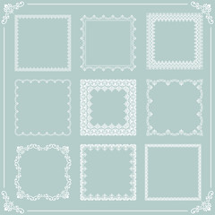 Classic vector set of square frames with arabesques and orient elements. Abstract light blue and white ornament with place for text. Vintage pattern