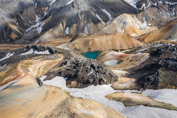 Landmannalaugar National Park - Iceland. Rainbow Mountains. Aerial view of beautiful colorful volcanic mountains. Top view. Picture made by drone from above.